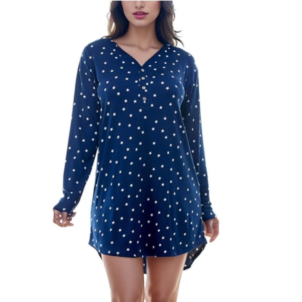 Roudelain‎ Womens Long Sleeve Sleep Dress Henley Blue Star Medium Loungewear NWT